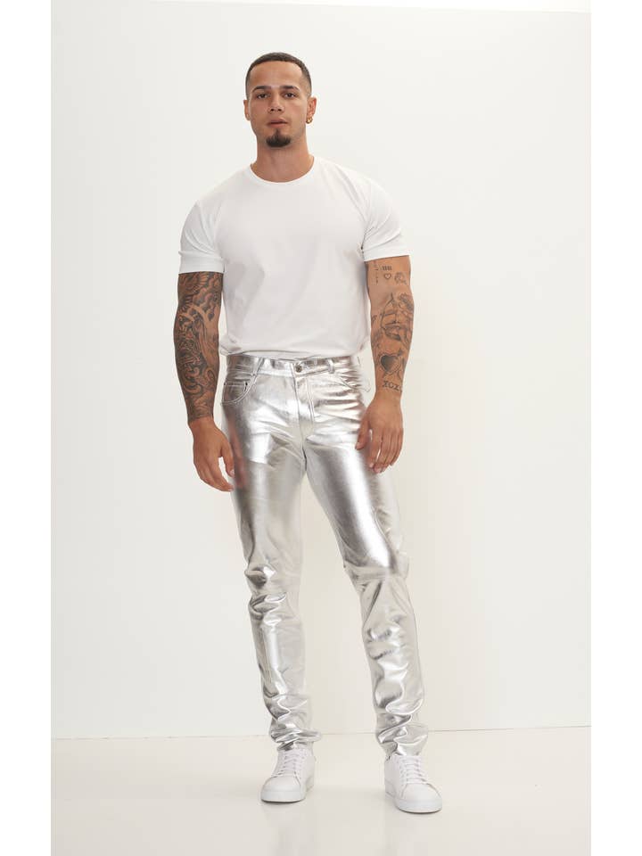 Men's Genuine Lambskin Leather Pants - Silver for wholesale on Faire