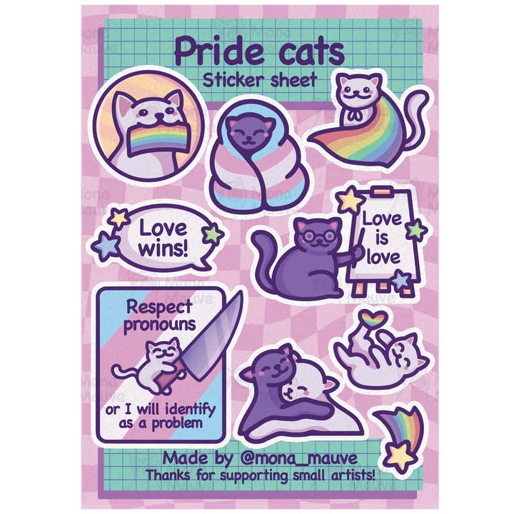 LGBTQ+ Pride Cats Sticker Sheet | 10 Cute Vinyl Stickers for wholesale by Mona Mauve β’ Silly Art!