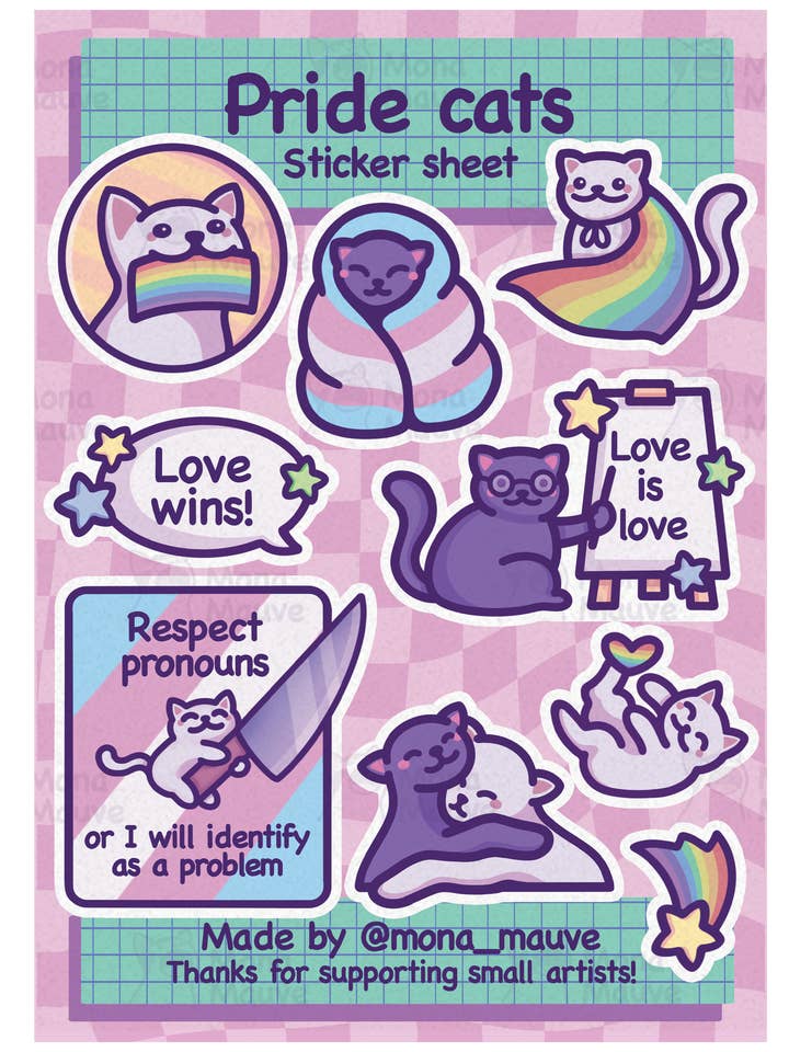 LGBTQ+ Pride Cats Sticker Sheet | 10 Cute Vinyl Stickers for wholesale by Mona Mauve • Silly Art!
