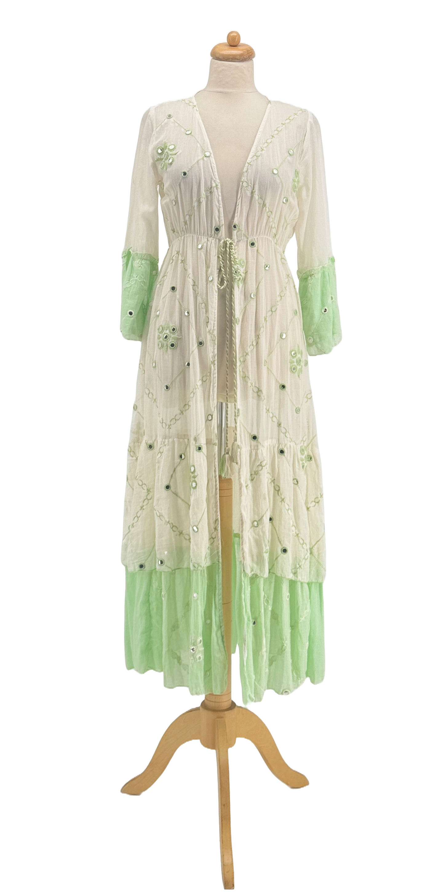 (ROSA - GRÖN AQUA - BEIGE) Lång kimono i 100 % bomull, handbroderad med små speglar för wholesale på Faire6