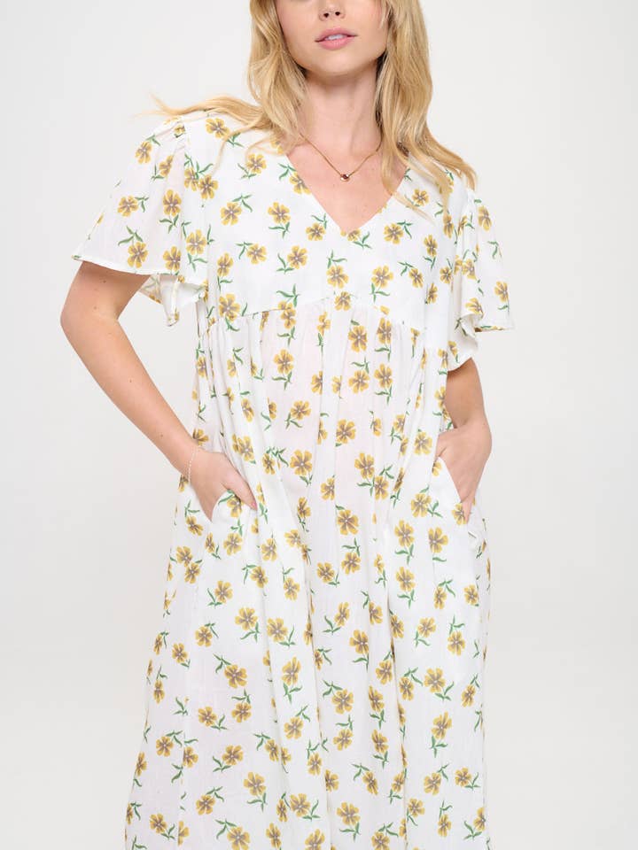 SM WARDROBE - Wholesale Dress - Women's - DAFFODIL PRINT MIDI DRESS WHITE