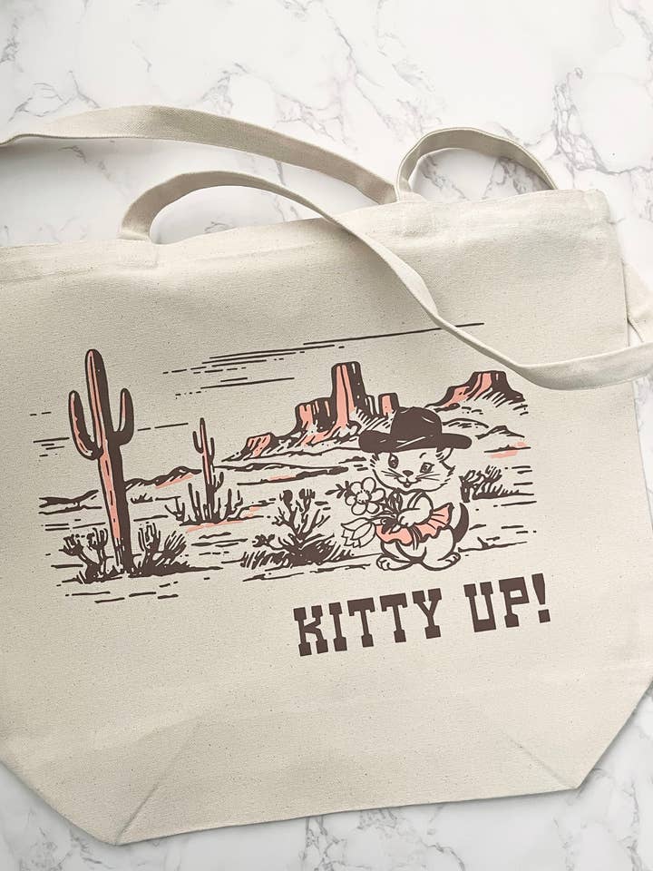 Kitty Up Cowgirl Tote Bag - Cotton Canvas Reusable for wholesale by The Coin Laundry