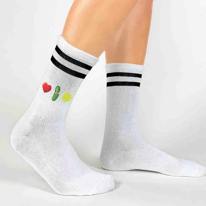 White Black I Love Pickleball Crew Socks for the Pickleball Player for wholesale on Faire