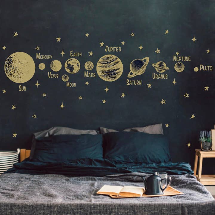 Autocollants muraux dorés à retirer sur les planètes du système solaire, l'espace, Jupiter, Mars, la Terre et la lune, BR251 pour la vente par WallKoala