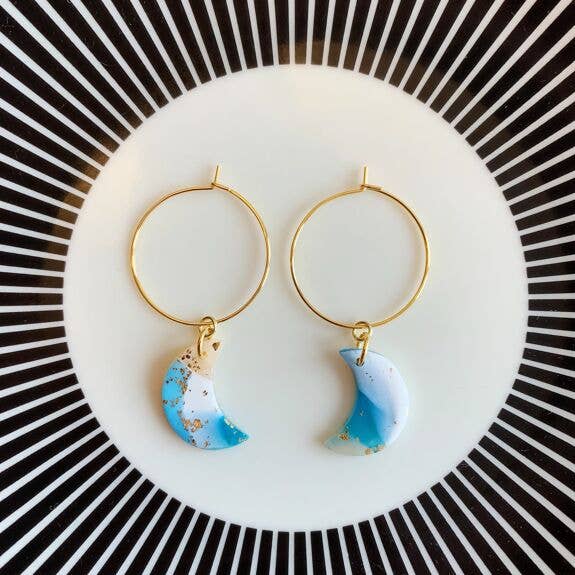 Kismet Klay – wholesale Dangle earrings – Elsa Blue & Gold Mini Moon Hoop Earring1