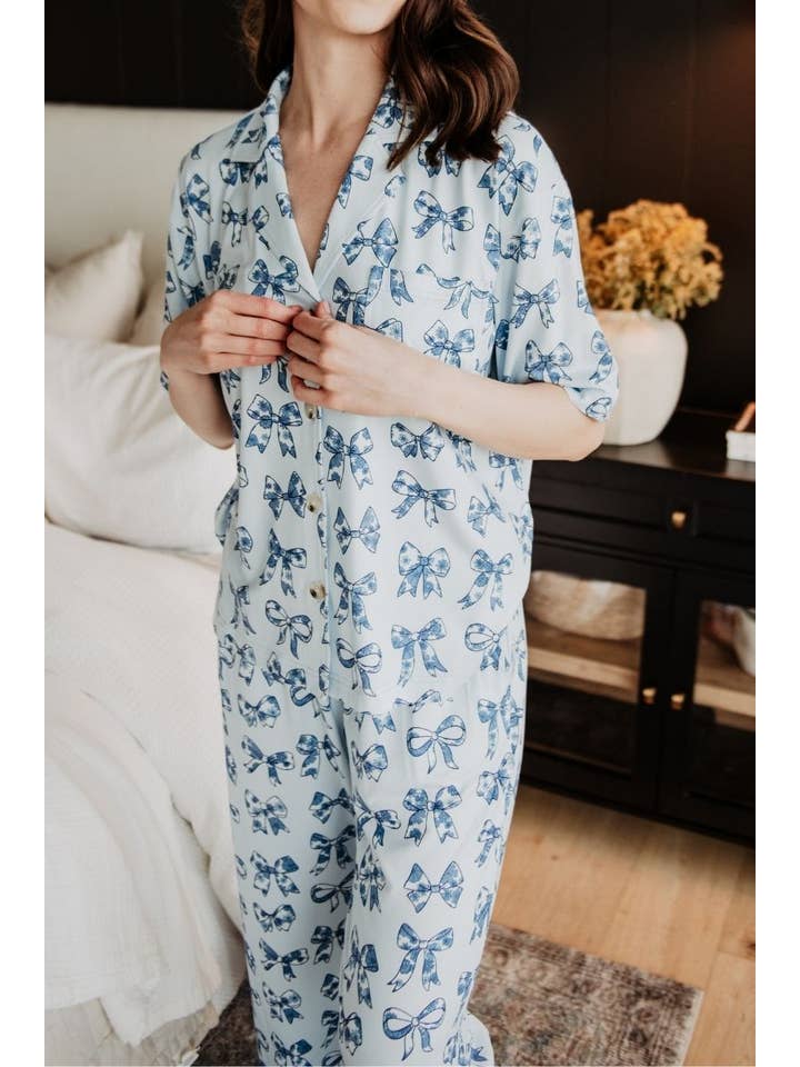 Light Blue Toile Coquette Bows Lounge Pants Set for wholesale on Faire4