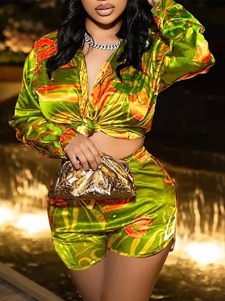 Flarix - Wholesale Top & Short Set (NOT Loungewear) - Women's - print tied detail long sleeve top shorts set9