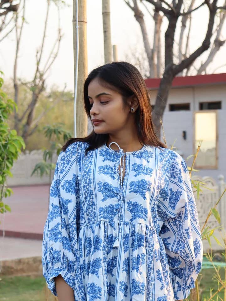 bhavnas boutique - Wholesale Dress - Women's - Long Block Printed Midi Dress Deep Neck with String Closer