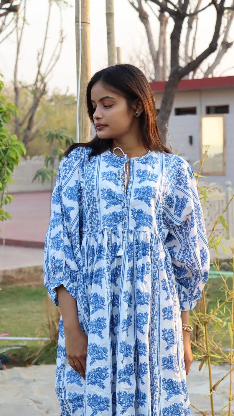 bhavnas boutique - Wholesale Dress - Women's - Long Block Printed Dress Deep Neck with String Closer1