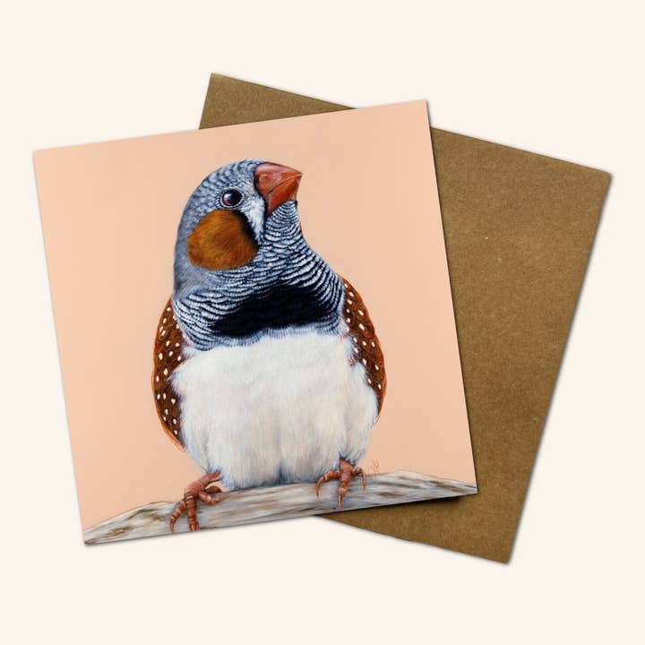 New design - Felix the Zebra Finch Greeting Card for wholesale by Jess Hutchison Art