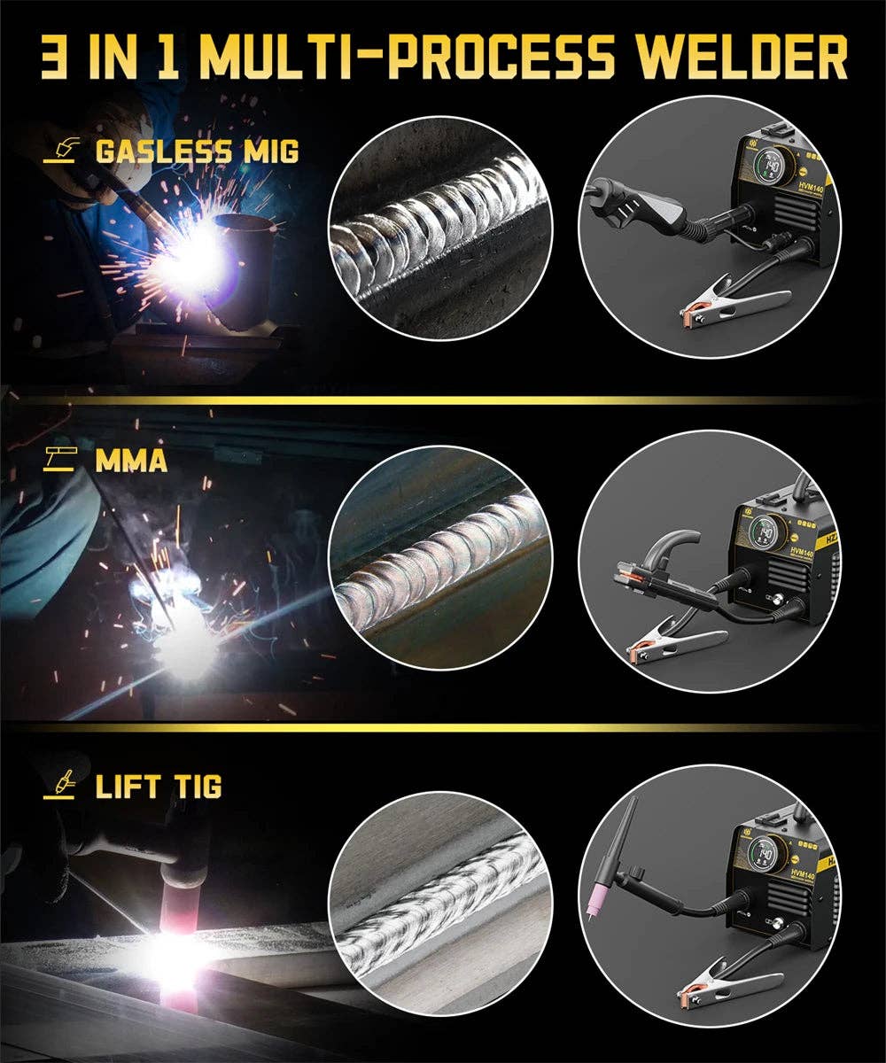 American Smart - Wholesale Kitchen Appliance - HZXVOGEN HVM140 3 in 1 Semi-Automatic Inverter Mig Welding Machine MMA/Gasless MIG/Lift TIG IGBT Non Gas Welder Synergy Tool19