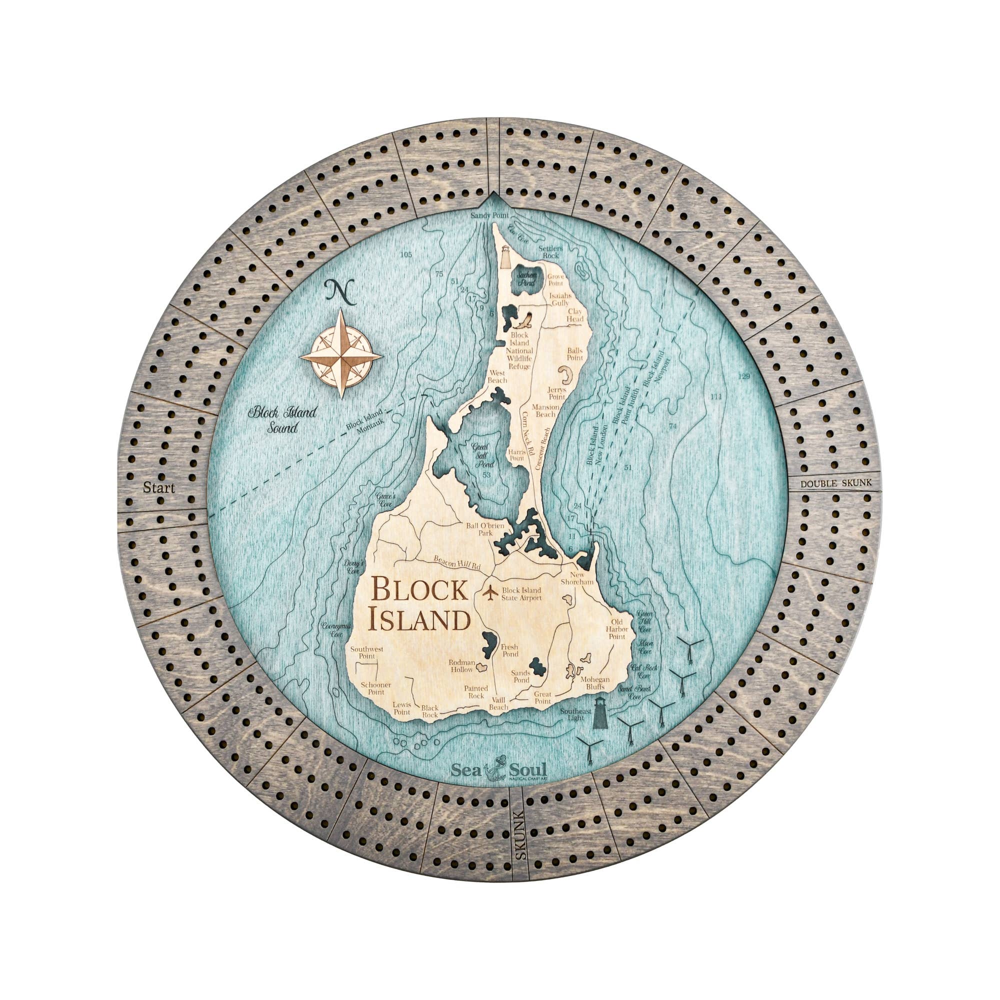 Sea & Soul Nautical Chart Art - Vente Jeux de cartes - Planche de cribbage en bois nautique personnalisée de Block Island13