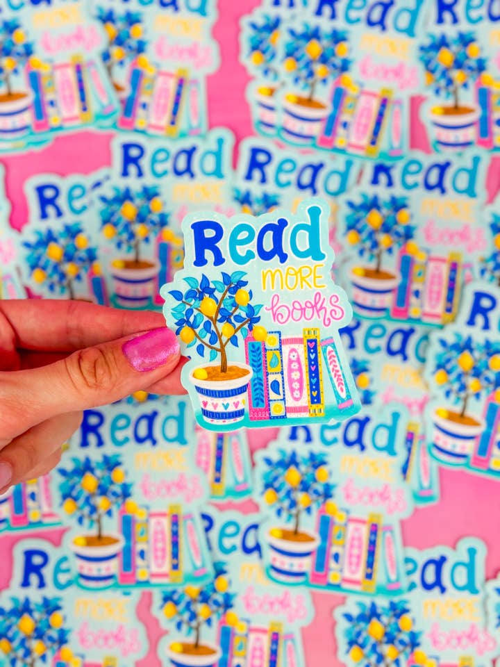 Read More Books Lemon Book Stack Vinyl Sticker for wholesale by Emily Cromwell Designs