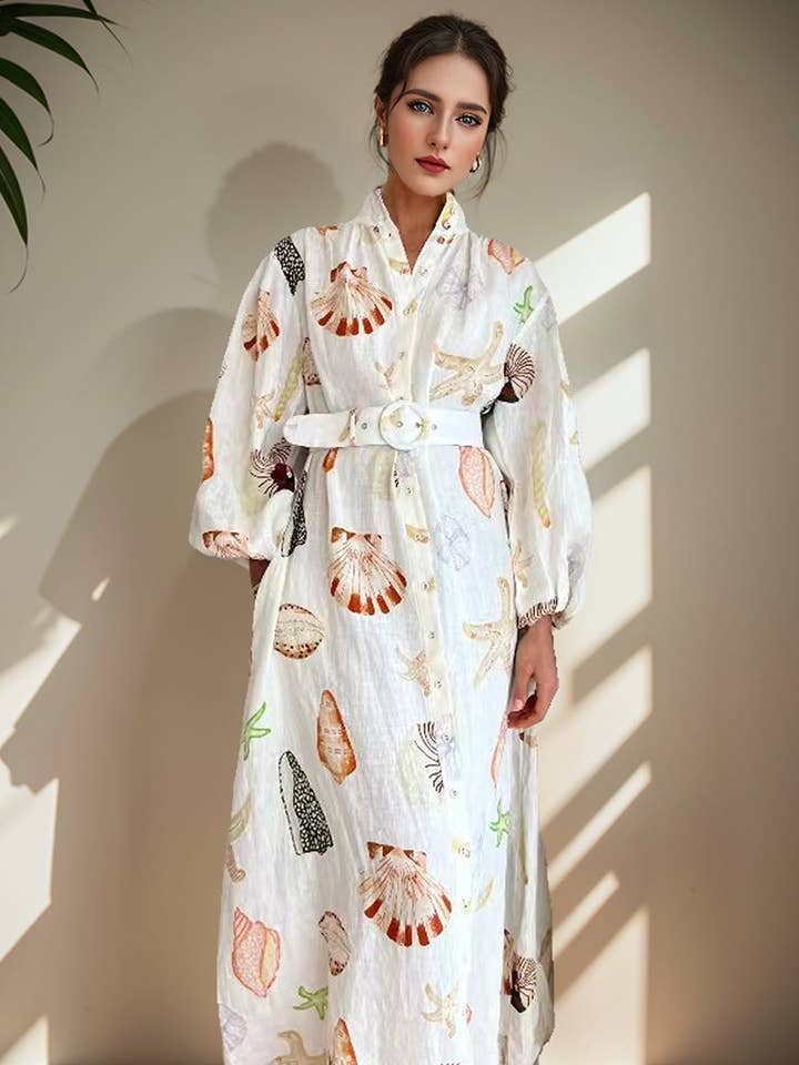 Robe chemise ceinturée à imprimé océan pour la vente par AZSHOP Trading LLC