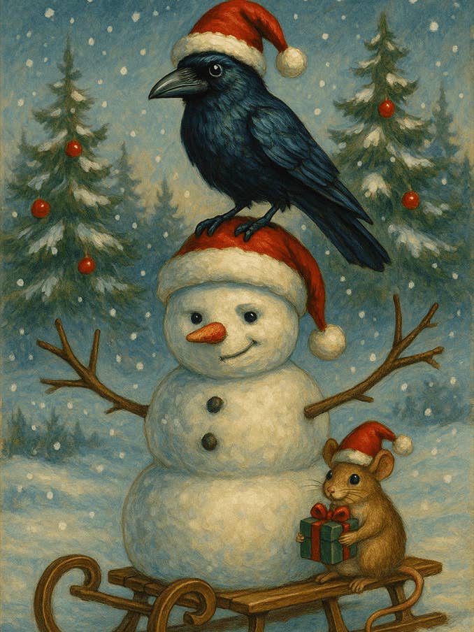 Wenskaart, Kerst, Sneeuwman & Kraai voor wholesale door Thistle and Tale Press