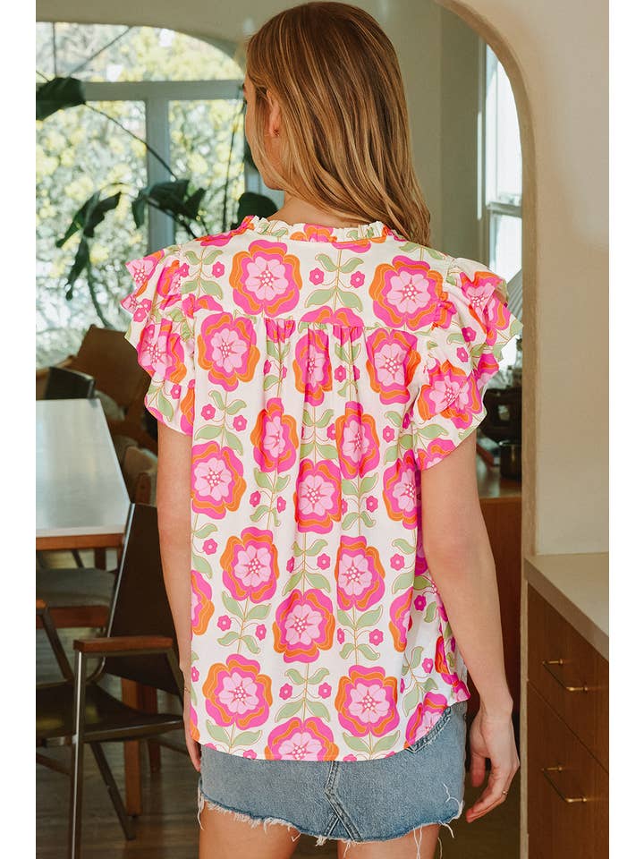 As shown Floral Ruffle Sleeve Ric-rac Trim Split Neck Loose Blouse for wholesale on Faire