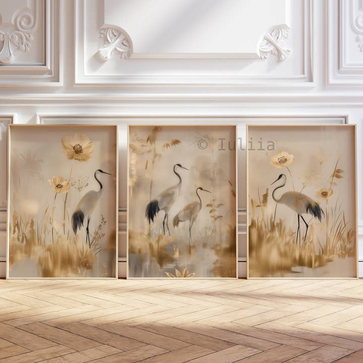 Blød Guld Trane Triptykon – Japansk Natur Sæt af 3 Vægkunst for engroshandel hos IuliiaArtPrints