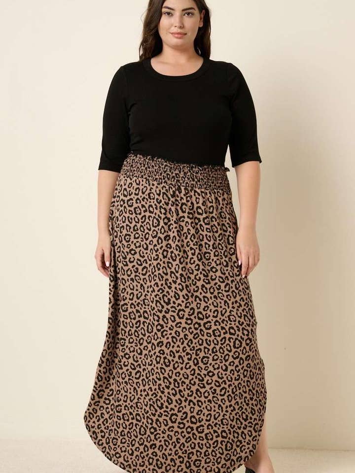 PLUS LEOPARD PRINT ELASTIC WAIST SLIT MAXI SKIRT for wholesale by mittoshop