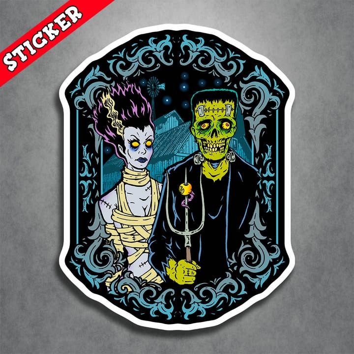 American Gothic Sticker Frankenstein and Bride Horror for wholesale by Monsters and Martians LLC