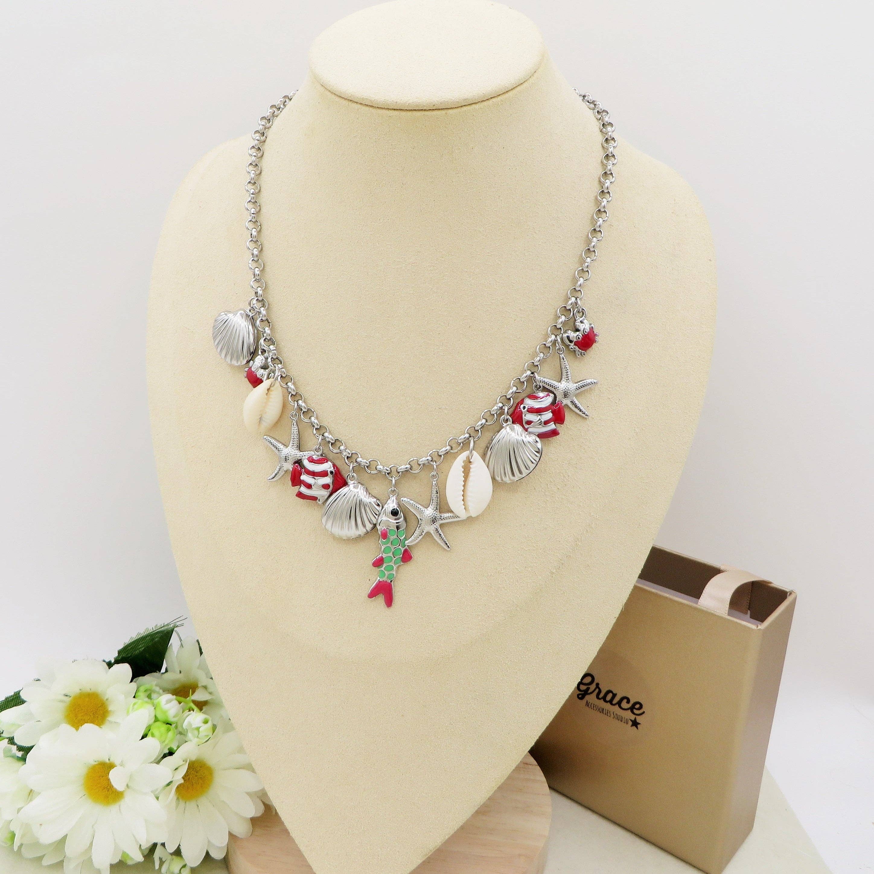 Daemon srls - Wholesale Pendant/Charm Necklace - REEF - Collana con MAXI charms marini smaltati in ACCIAIO INOSSIDABILE +  conchiglie madreperla6