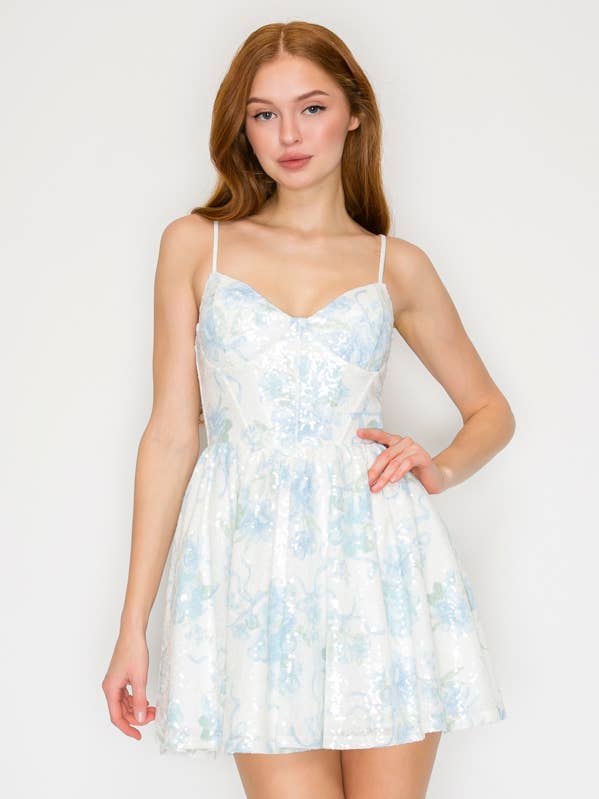 CD30724-1: BLOMSTRET PAILLET FIT & FLARE MINI KJOLE for engroshandel hos Lovesome