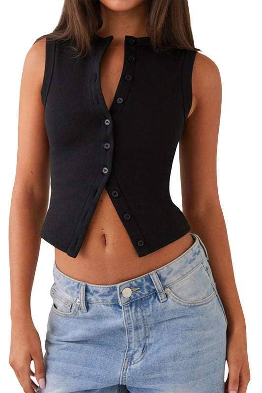 Fashion Combination - Wholesale Knit Sweater - Women's - sleeveless button front crop4