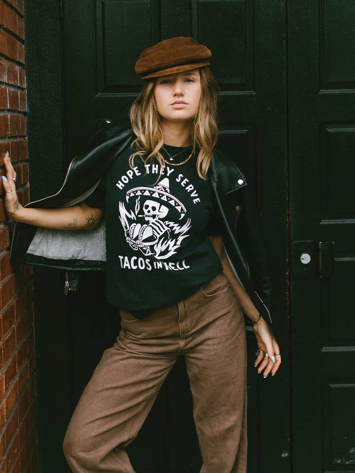 Pyknic – T-shirt estampada - Mulher por atacado – Espero que sirvam tacos na Hell Vintage Western Tee Adultos8