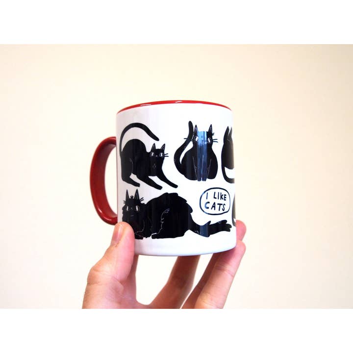I LIKE CATS - Wholesale Coffee mug - Black Cats Coffee Mug, red handle, illustrated mug8