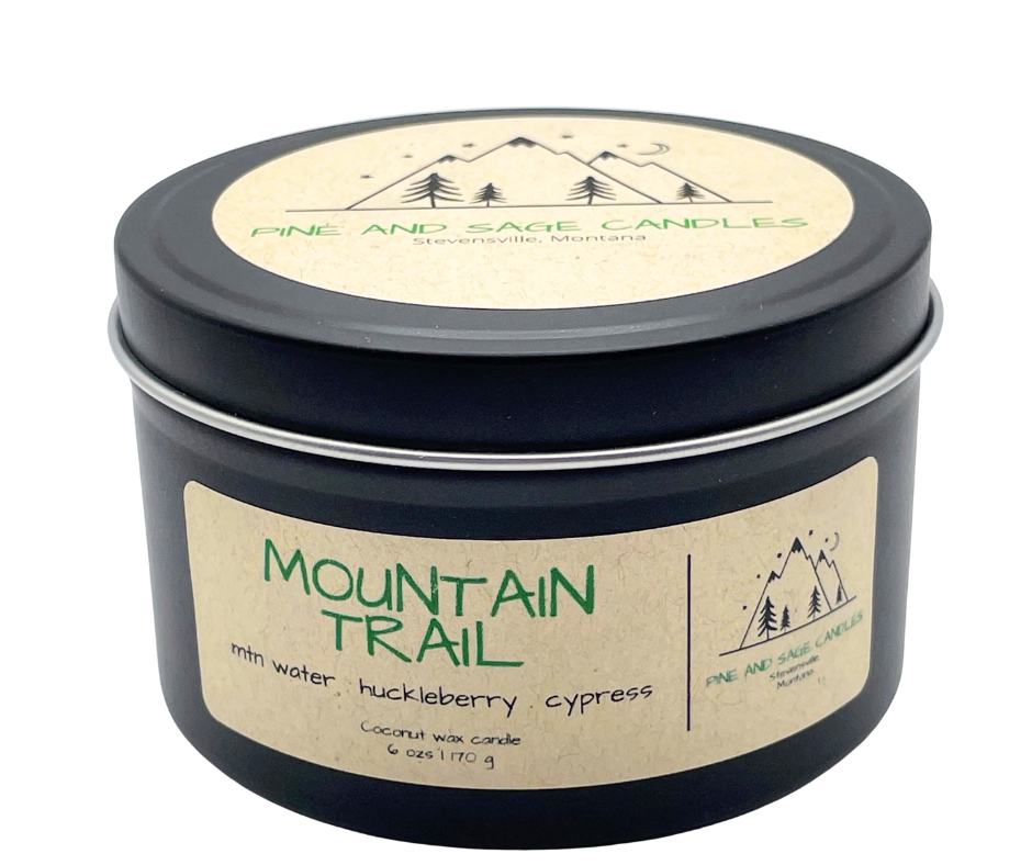 Pine and Sage Candles – Velas de viagem por atacado – Trilho da Montanha - Lata de Vela Preta Fosca de 6 oz9