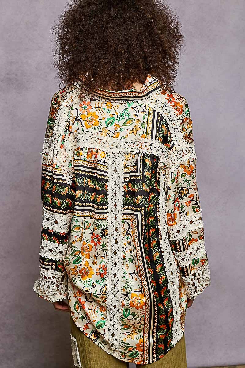 Pol Clothing - Wholesale Button Down Shirt - Women's - Balloon Sleeve Trim See-through Floral Printed Shirt Top15