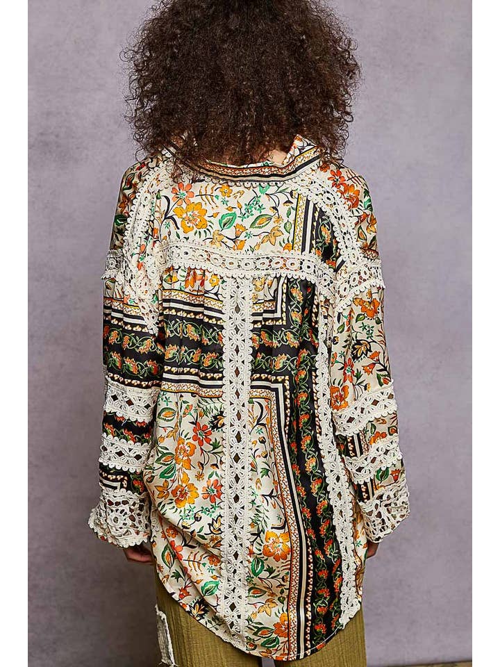 Pol Clothing - Wholesale Button Down Shirt - Women's - Balloon Sleeve Trim See-through Floral Printed Shirt Top15