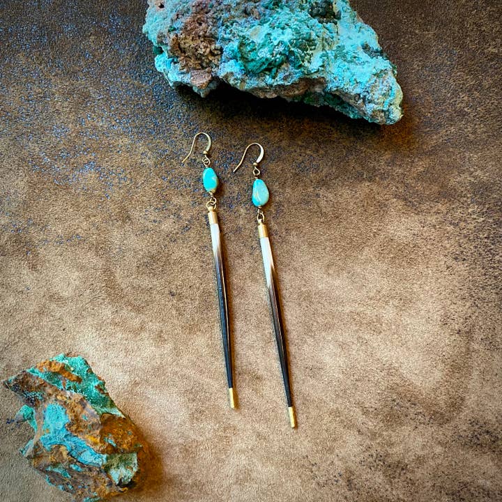 ASTALI - Wholesale Dangle Earrings - Porcupine Quill & Turquoise Earrings, Real Turquoise & Quill
