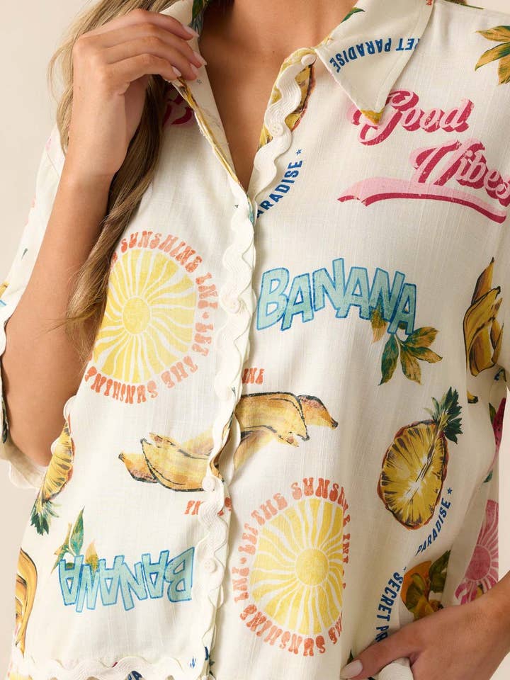 Multi Tropical Fruits Unique Print boxy Shirt & Shorts Resort Set for wholesale on Faire