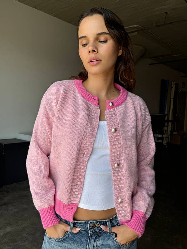 Cardigan de tricô com botões e blocos de cor por atacado de FRECKLE LOS ANGELES