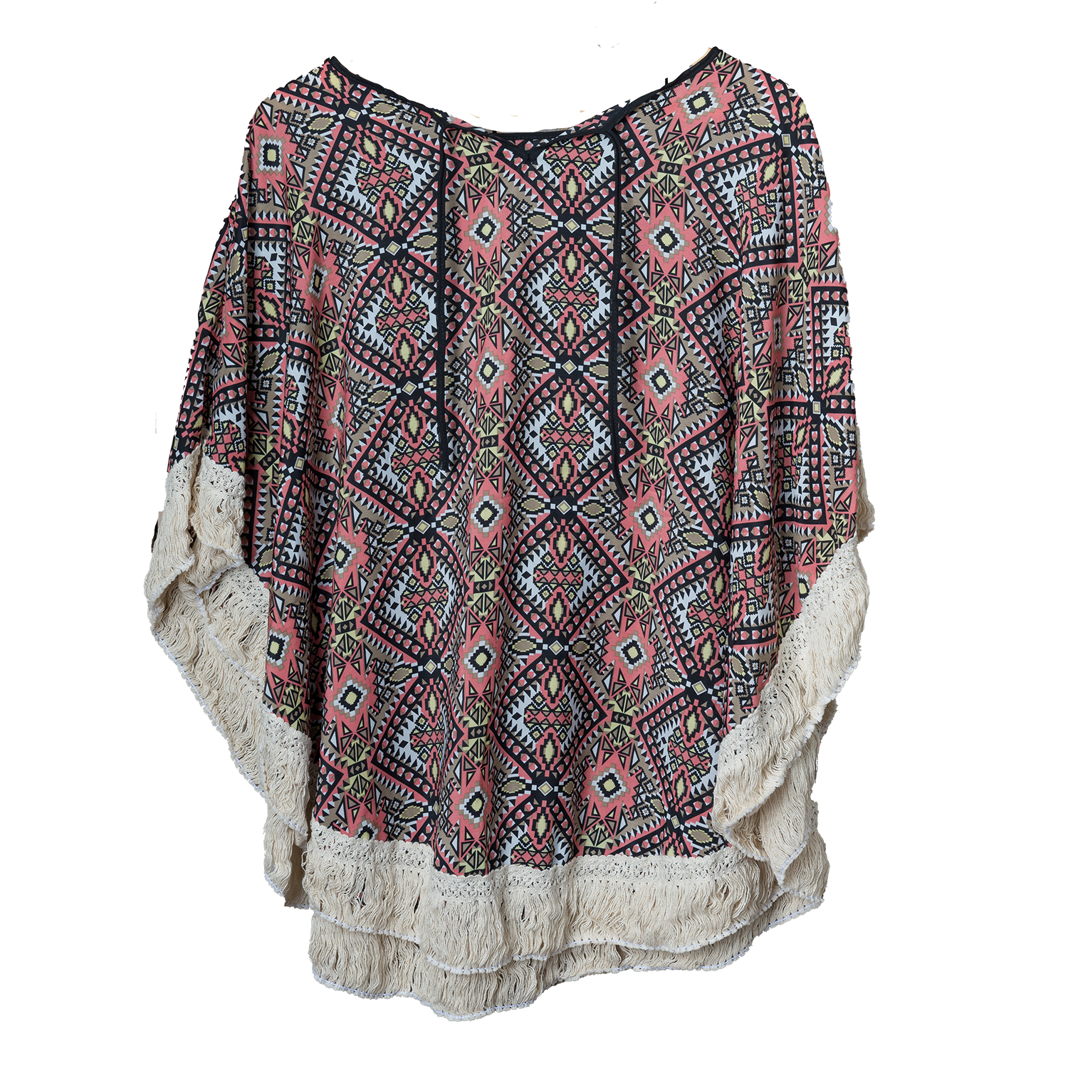 Chloe & Lex - Wholesale Poncho - Women's - Summer Fringed Poncho – Geometric Print Fringy Edge
1