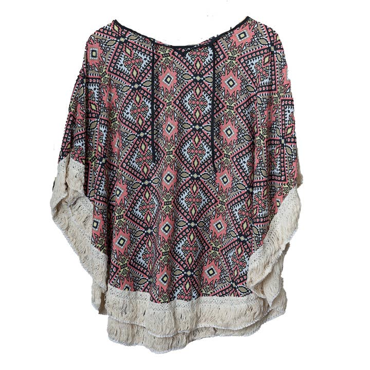 Chloe & Lex - Wholesale Poncho - Women's - Summer Fringed Poncho – Geometric Print Fringy Edge
1