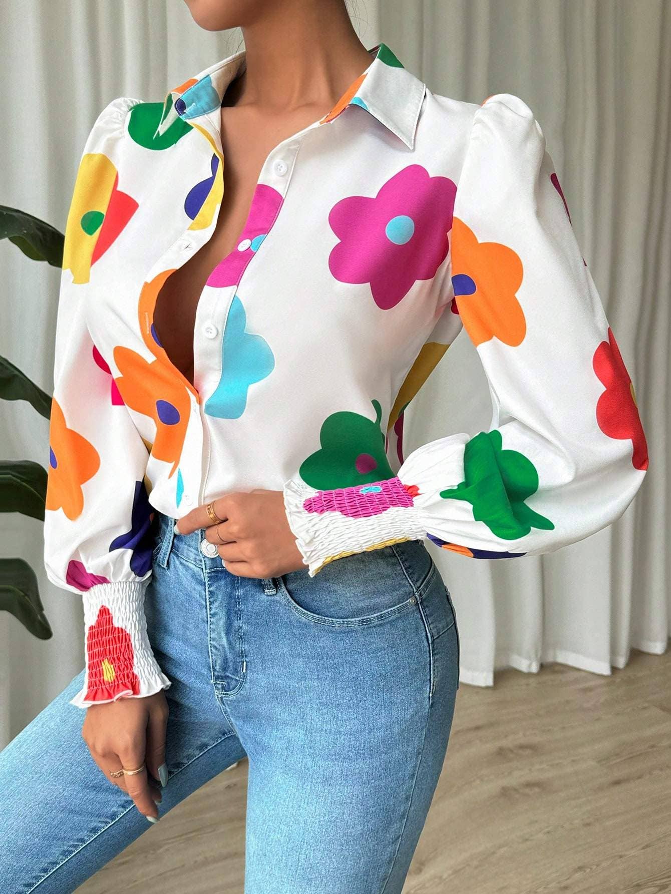 Fashion Combination - Wholesale Button Down Shirt - Women's - priv floral print lantern sleeve shirt6