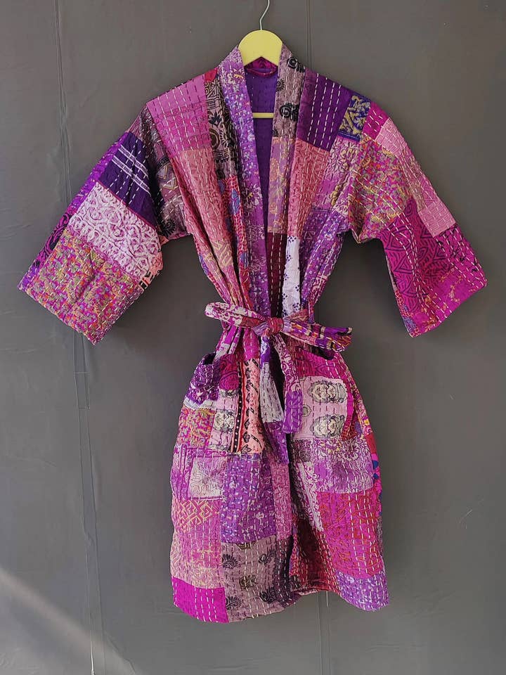 bhavnas boutique - Wholesale Kimono – Women's - Women Sari Kantha Kimono Robe Patchwork Jacket Bathrobe2