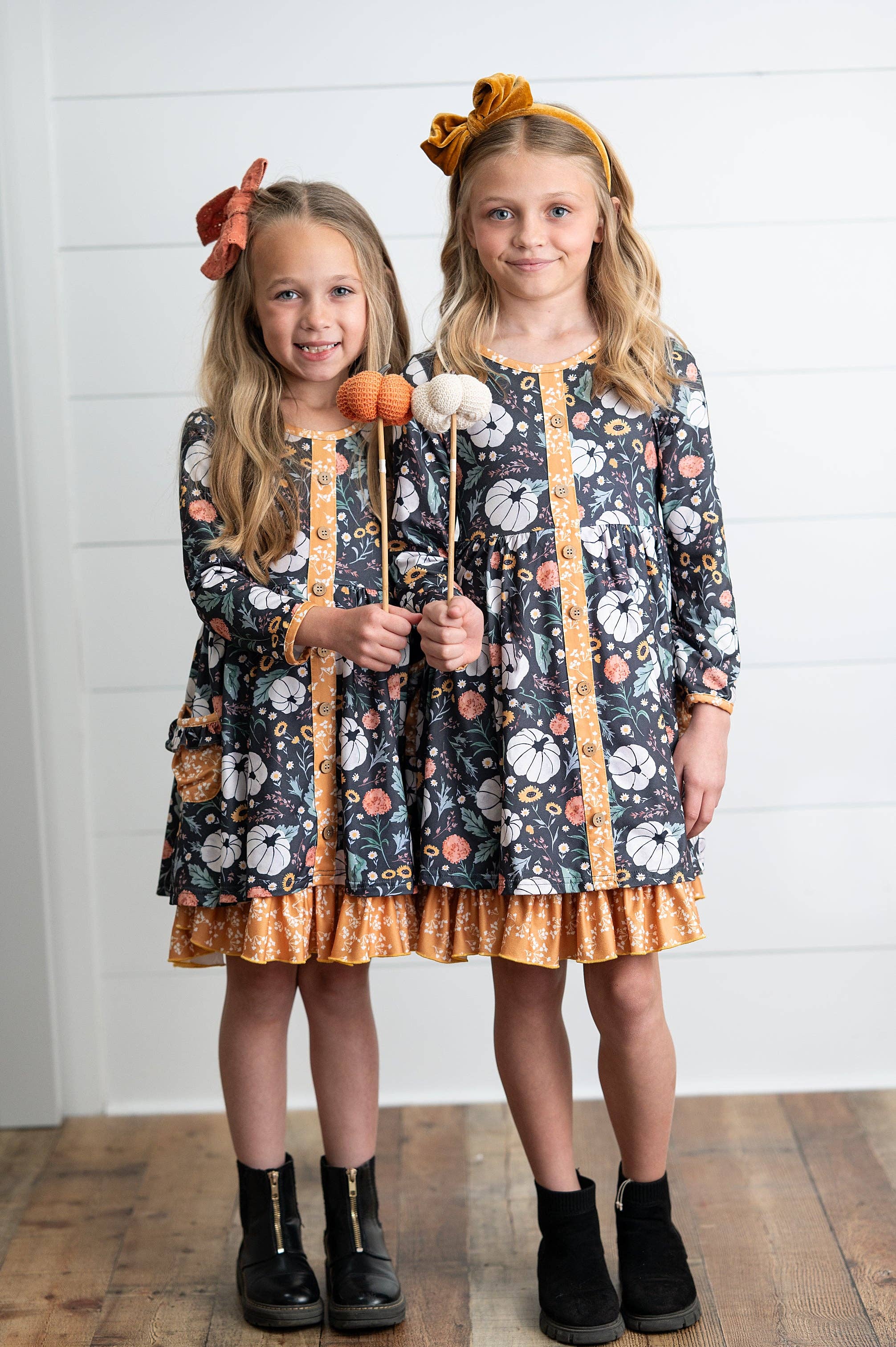 Oopsie Daisy - Wholesale Dress - Kids - Girls Mustard Pumpkin Ruffle Pocket Button Tie Fall Dress0