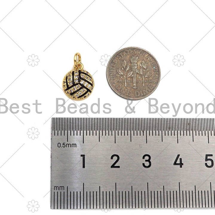BestBeads&Beyond - Wholesale Individual Charm/Pendant - CZ Micro Pave Gold Silver Volleyball Charm, Cubic Zirconia Pendant, Volleyball Charm, CZ Micro Pave Sport ball Pendant,10x12mm, Sku#F13494