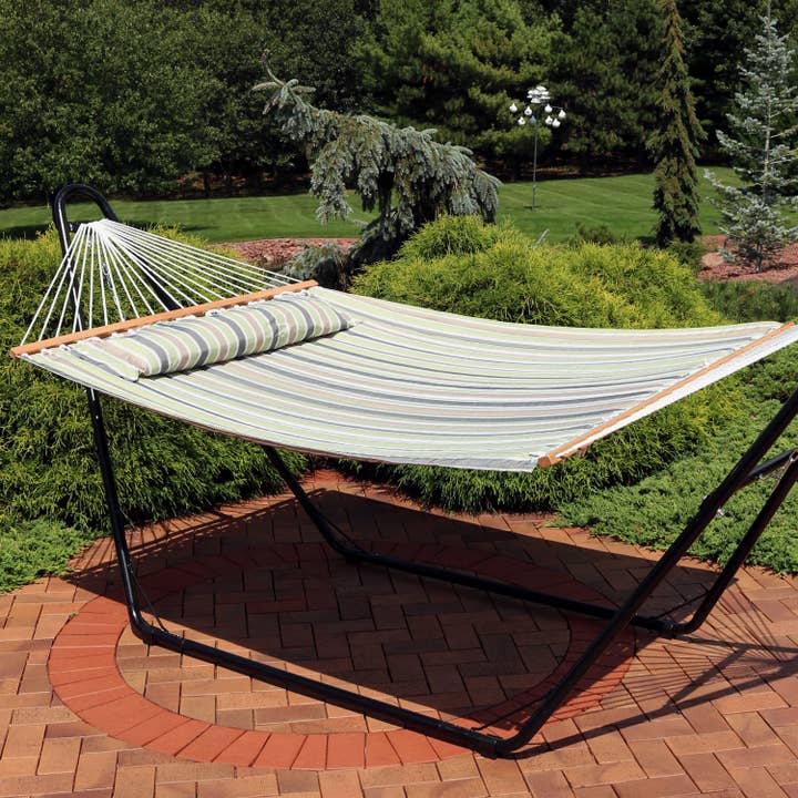 Quilted Hammock with Spreader Bar and Pillow - Khaki Stripe for wholesale by Sunnydaze Decor