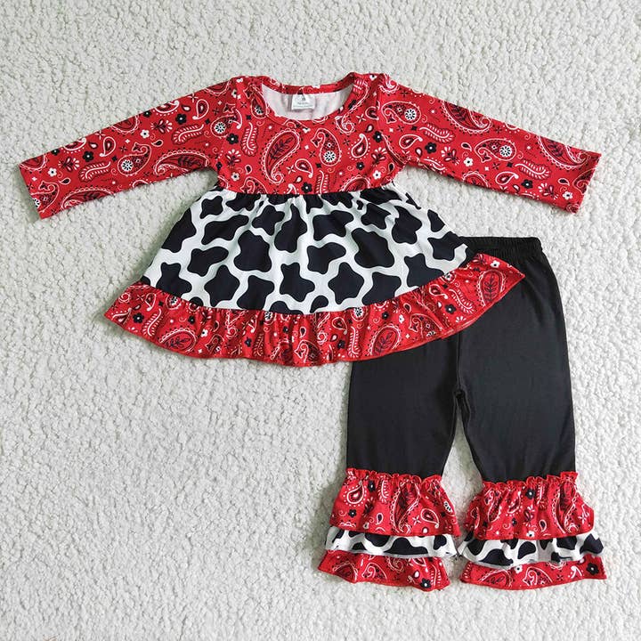 Baby Girls paisley cow print ruffle pants clothes sets for wholesale by Aier Wholesale