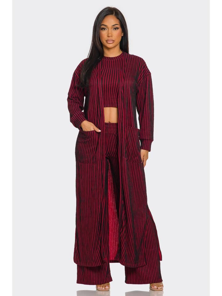 3 Piece Striped Cardigan Set Pants And Crop Top for wholesale by FashionShowcase
