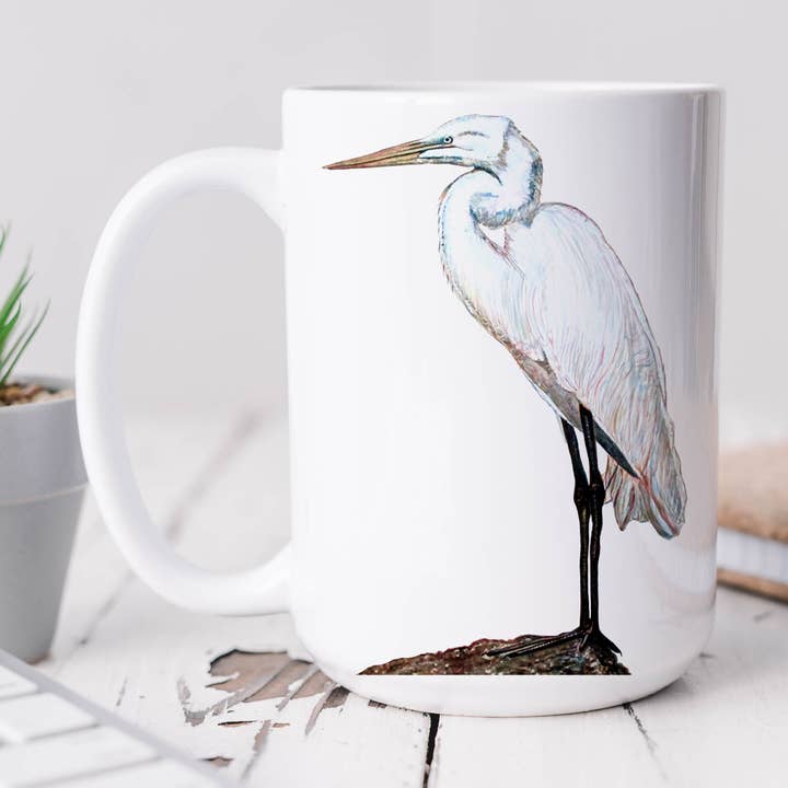 Vit häger akvarellkonst 15 oz keramikkopp för wholesale av The Ship's Hold