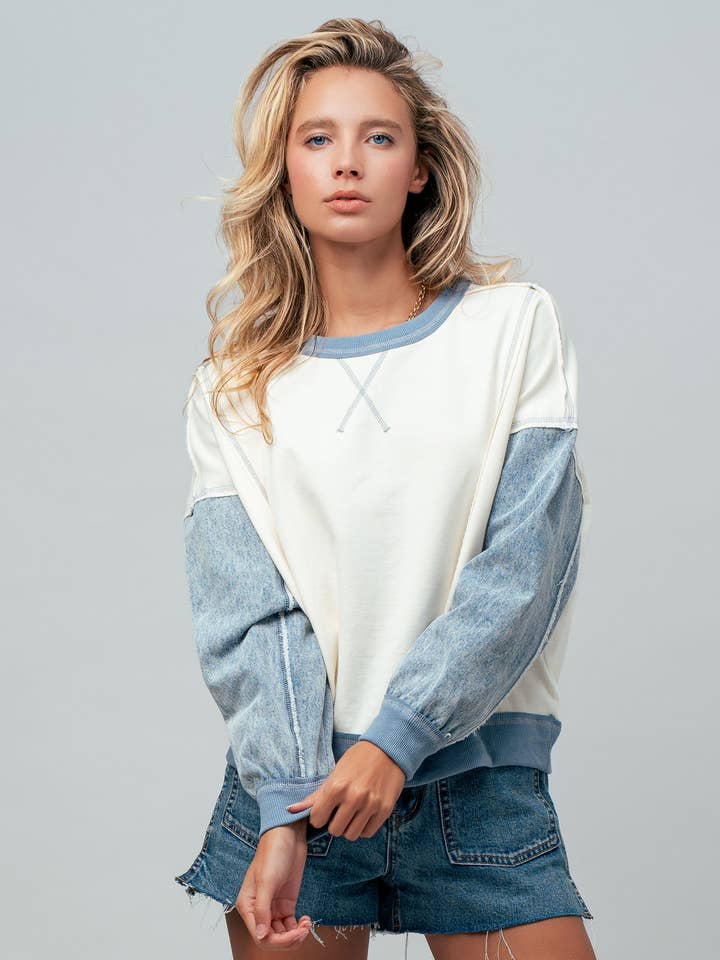 Contrast Denim Sleeve Mixed Media Pullover for wholesale by Urban Daizy