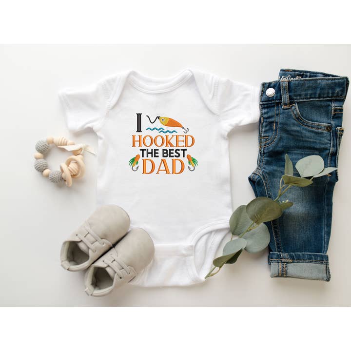 I Hooked The Best Dad Embroidered Baby Bodysuit for wholesale by Cordelia Rae