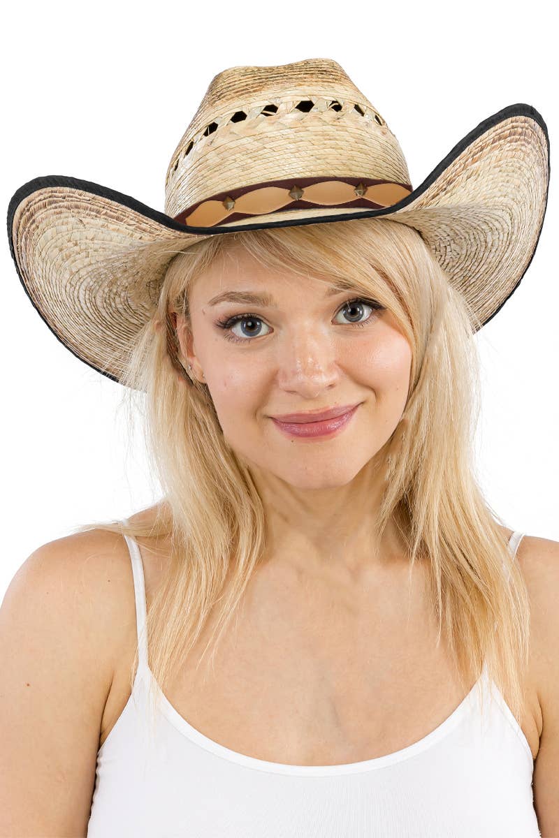 Cap Zone - Wholesale Cowboy Hat - Women's - Vented Vintage Burnt Cutter Palm Straw Cowboy Hat1