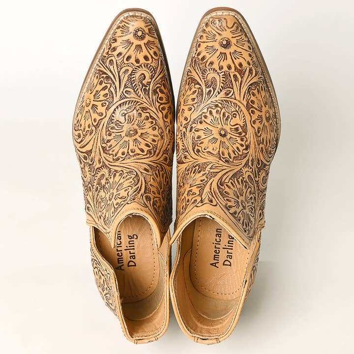 LS Western - Wholesale Cowboy Boots - Women's - LC-ADFT165 Women's Tan Tooled Leather Western Ankle Boots - American Darling Cowgirl Booties4