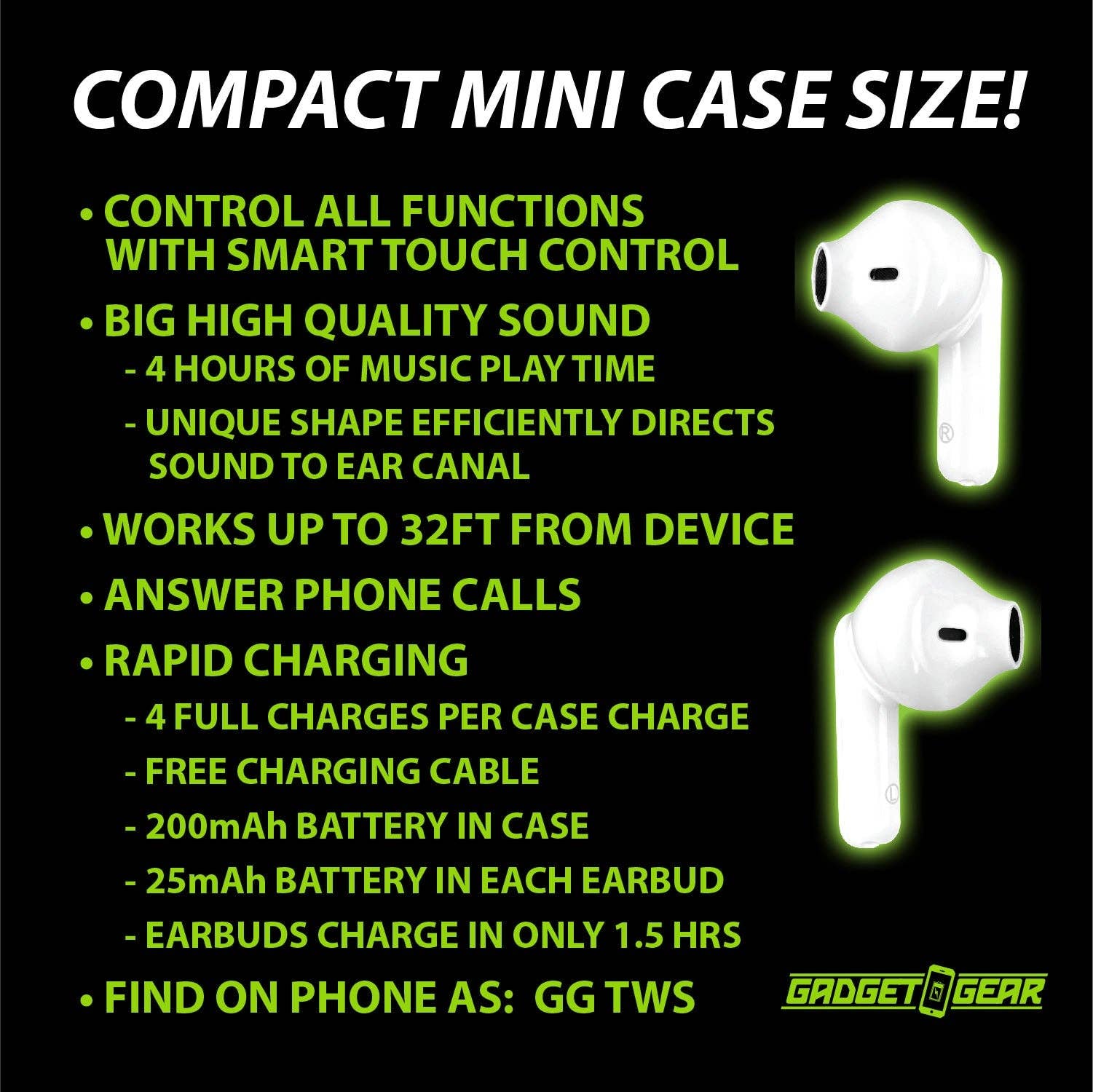 Novelty Brands - Wholesale Retailer Display - Accessories - Gadget Gear Wireless Mini Earbuds with Case - 6/Display5