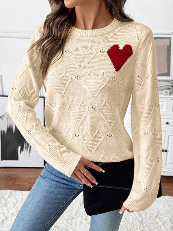 Sweet Heart Jacquard Crew Neck Knit Sweater for wholesale by Rosa Clothing